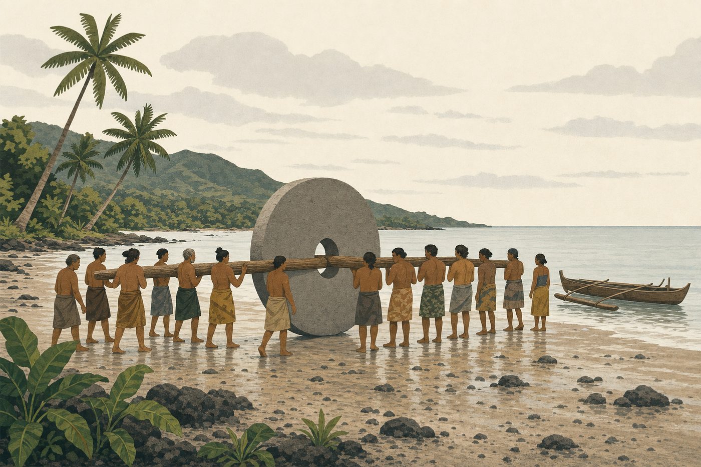 Islanders carry an enormous stone disk along the shore on a pole threaded through its centre.
