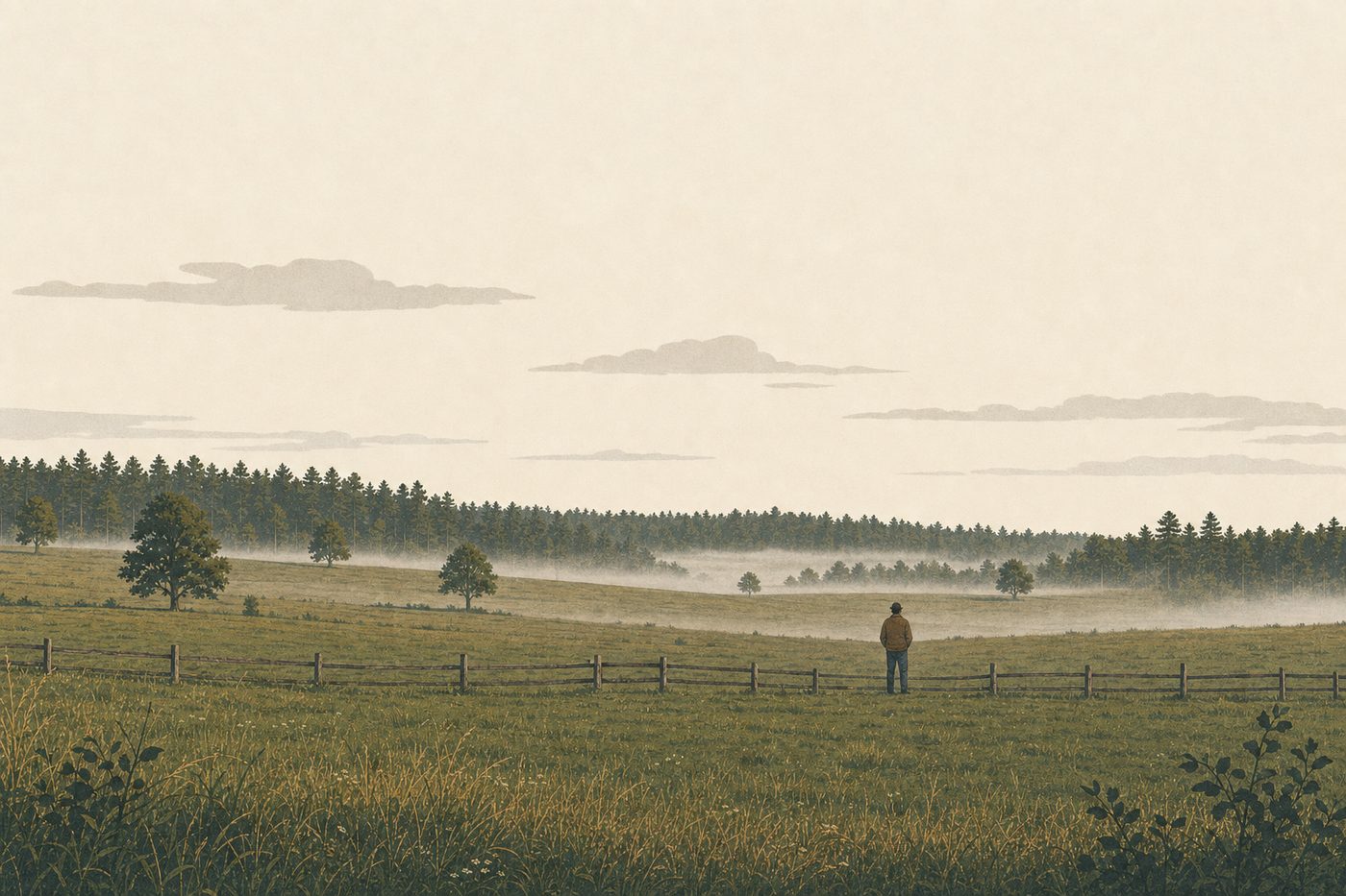 A wide pasture at first light, mist in the low ground, one figure standing alone at a timber fence.