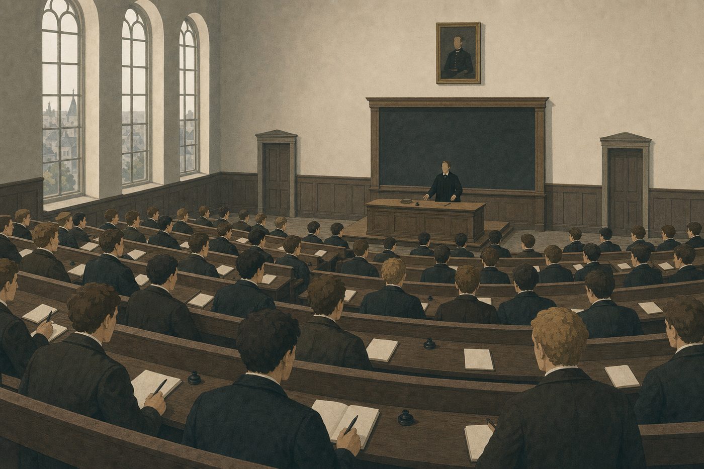 A nineteenth-century lecture hall from the back row: tiers of young men in dark coats, a gowned lecturer under tall windows, a blank blackboard, a portrait of an indistinct uniformed figure high on the wall.