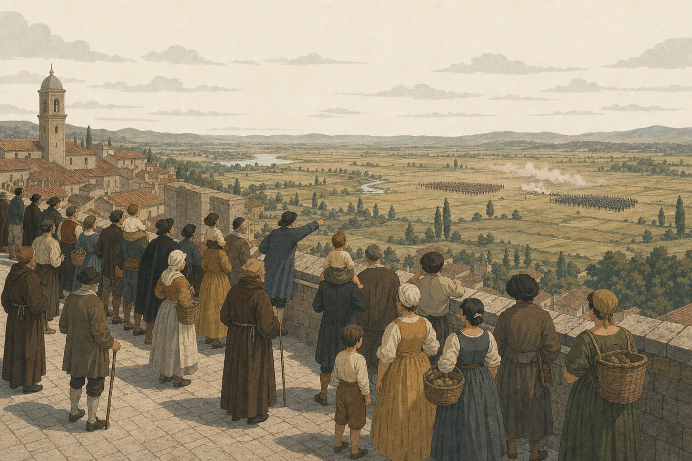 Townspeople crowd the top of a Renaissance city wall on a summer afternoon, looking out at two armies as small distant blocks in the fields below.