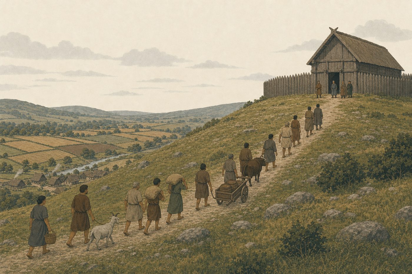 A line of villagers walks up a hillside track toward a timber hall carrying sacks and leading a goat and a cow, an ox-cart behind them, the harvested village below.