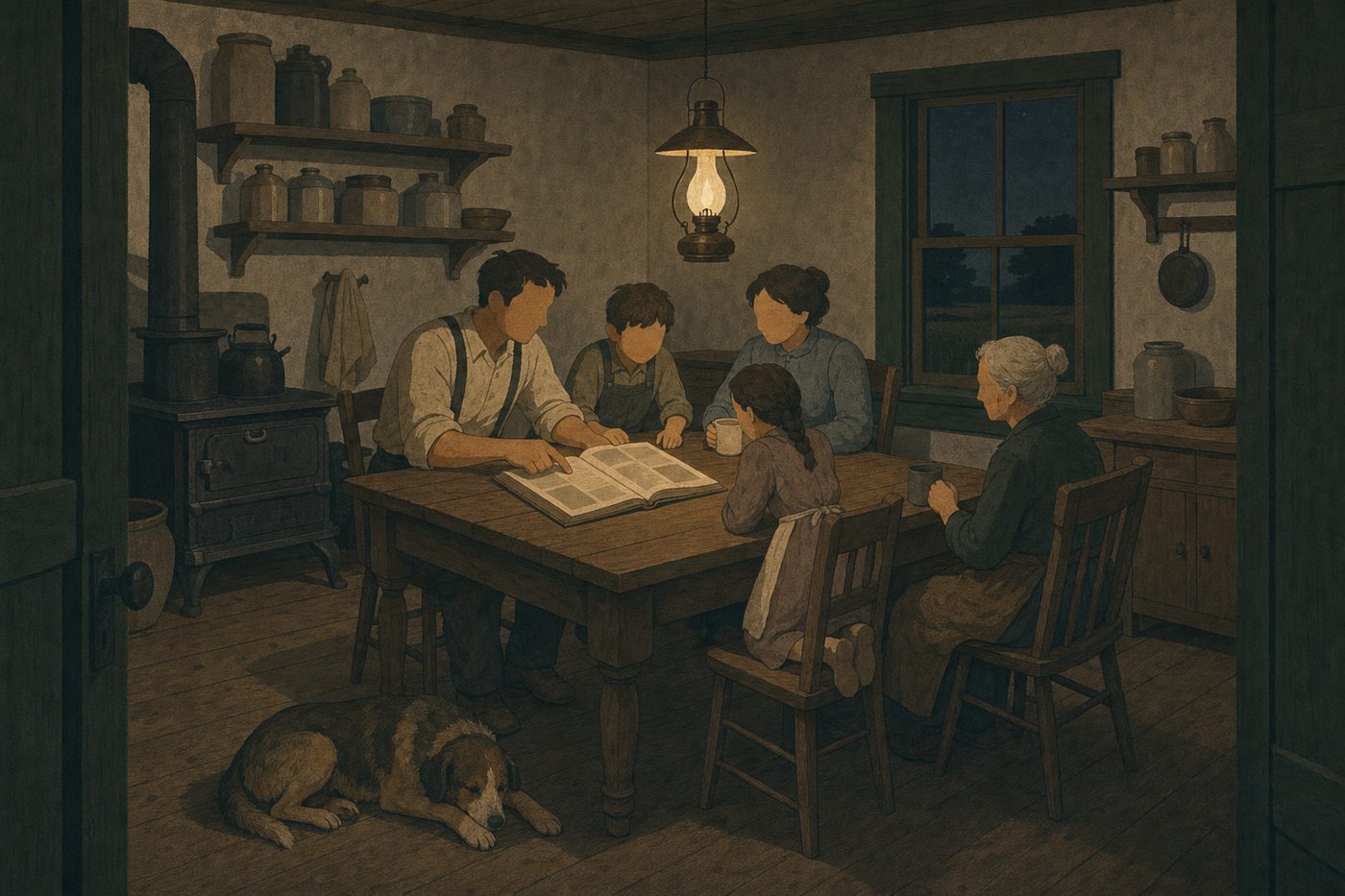 A farm kitchen in the American Midwest around 1900 in the evening: a family gathered at the table under a hanging lamp, a mail-order catalogue open in front of them, a child kneeling on a chair to see, the stove behind, a window dark against the fields.