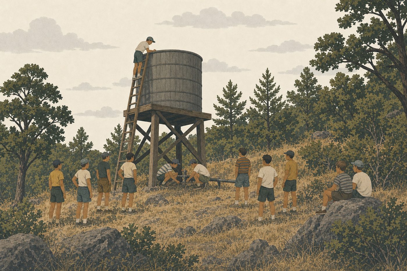 A hillside in the Oklahoma woods in the summer of 1954: a dozen boys of eleven and twelve in shorts and caps gathered around a large water tank on stilts, one on the ladder, two crouched at the valve, others waiting on the slope, pines and a hot pale sky.