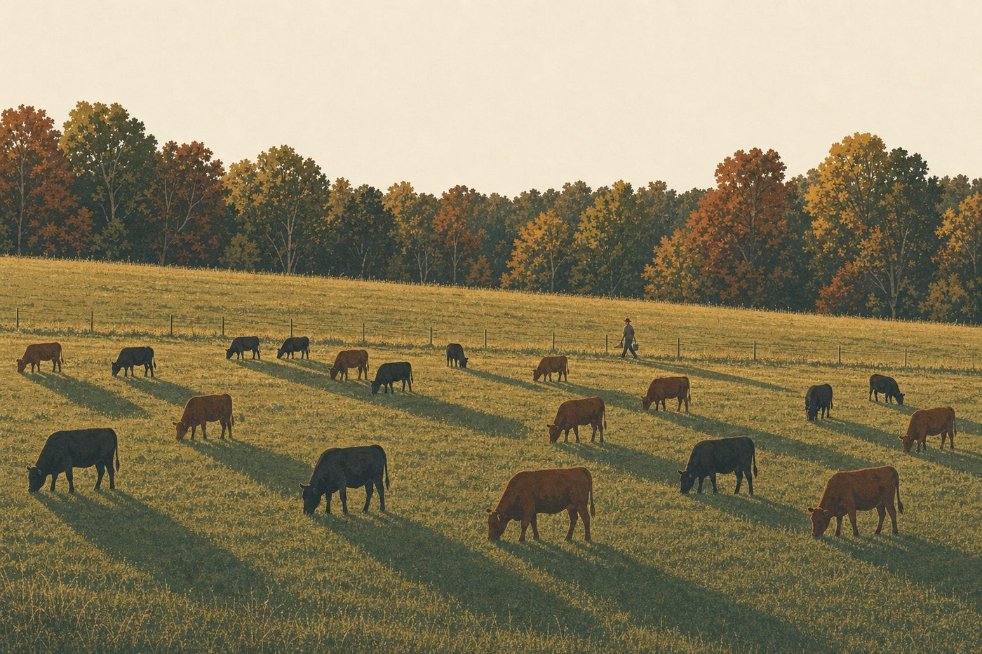A grazing farm in the American southeast on a late afternoon in October: cattle spread across a rolling pasture with the sun low behind them and long shadows on the grass, one person walking the fence line with a bucket, a strip of hardwoods turning colour at the far edge, a cream sky.