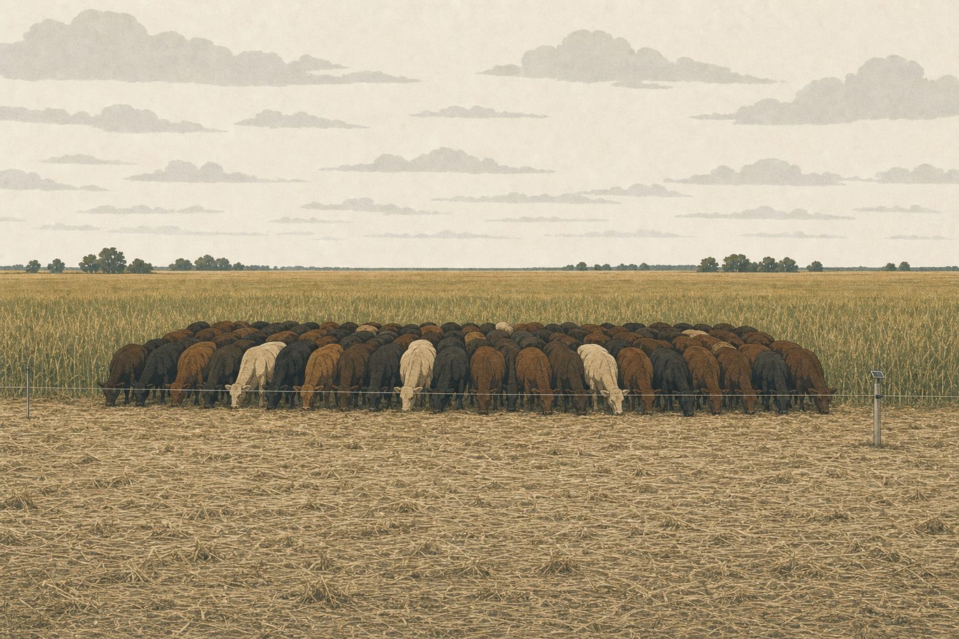 A dense herd of cattle grazing behind a single temporary electric wire on tall standing forage, with trampled plant litter covering the ground behind them and a solar gate opener on a post.