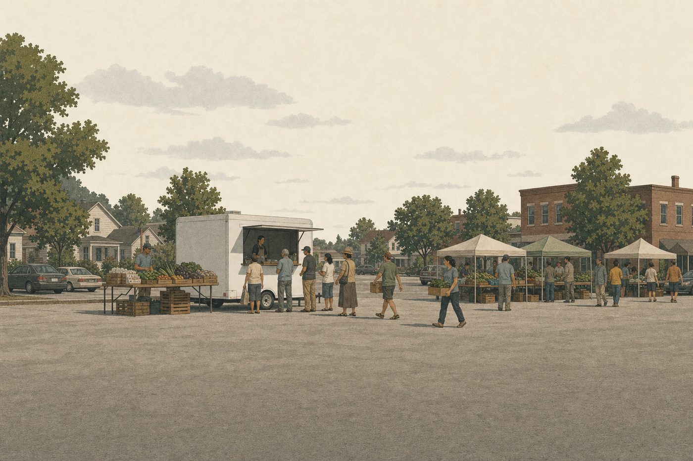 A farmers market on a summer morning: a small refrigerated trailer with its serving hatch open, a queue of people collecting boxes, crates of vegetables and cartons of eggs on a folding table.