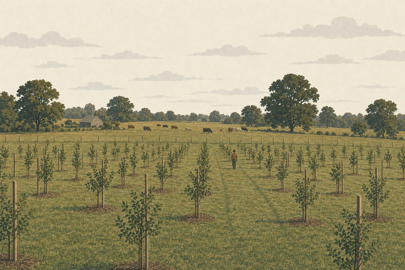 Rows of young staked fruit and nut trees on a working farm in early autumn, with fenced pasture and a few cattle in the distance behind them.