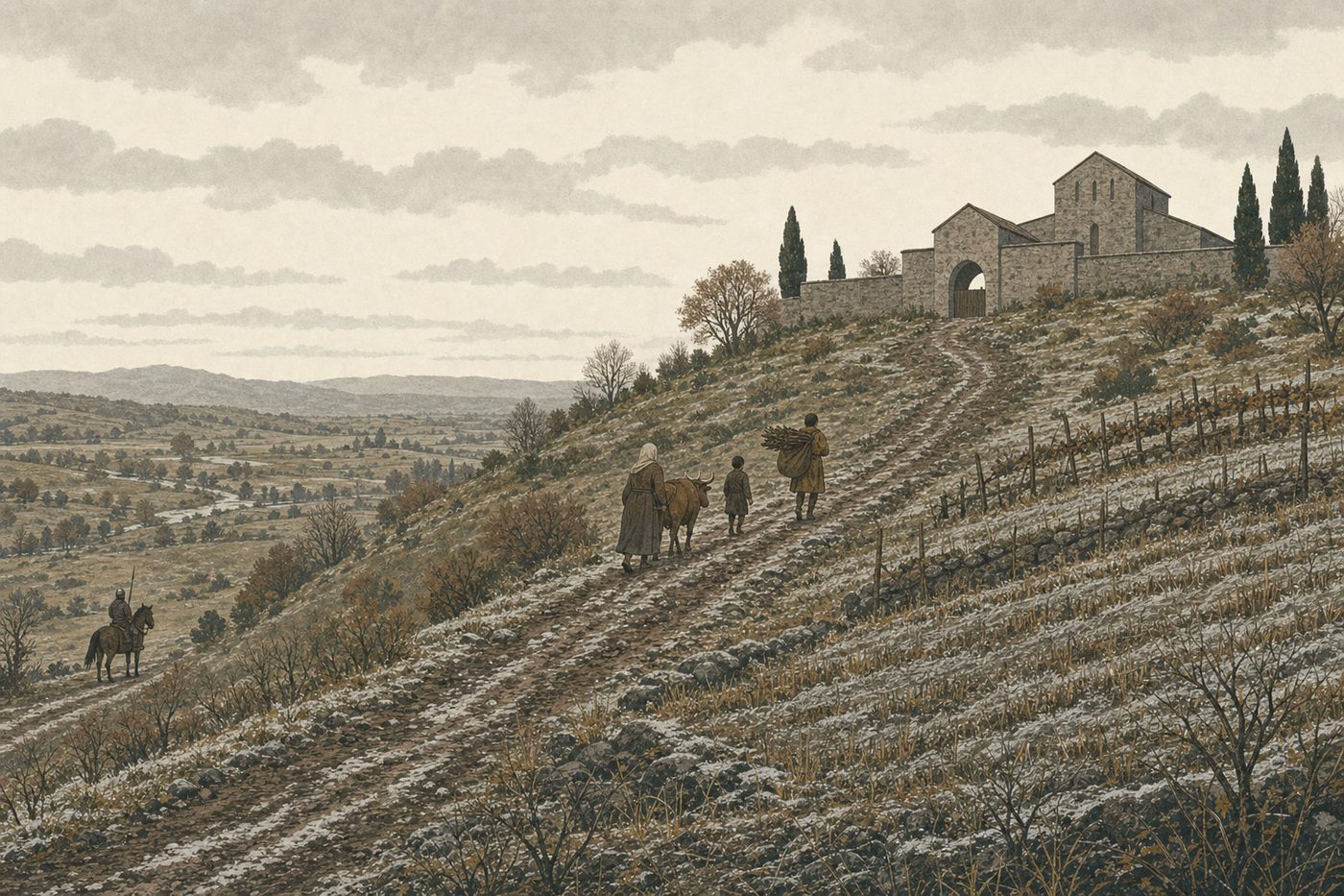 A hillside in France in late autumn about the year 990: a small family on foot with a thin ox walking up a muddy track toward the gate of a stone abbey, their strip fields grey and stubbled below, and a single mounted man in mail watching from the road at the bottom of the hill.