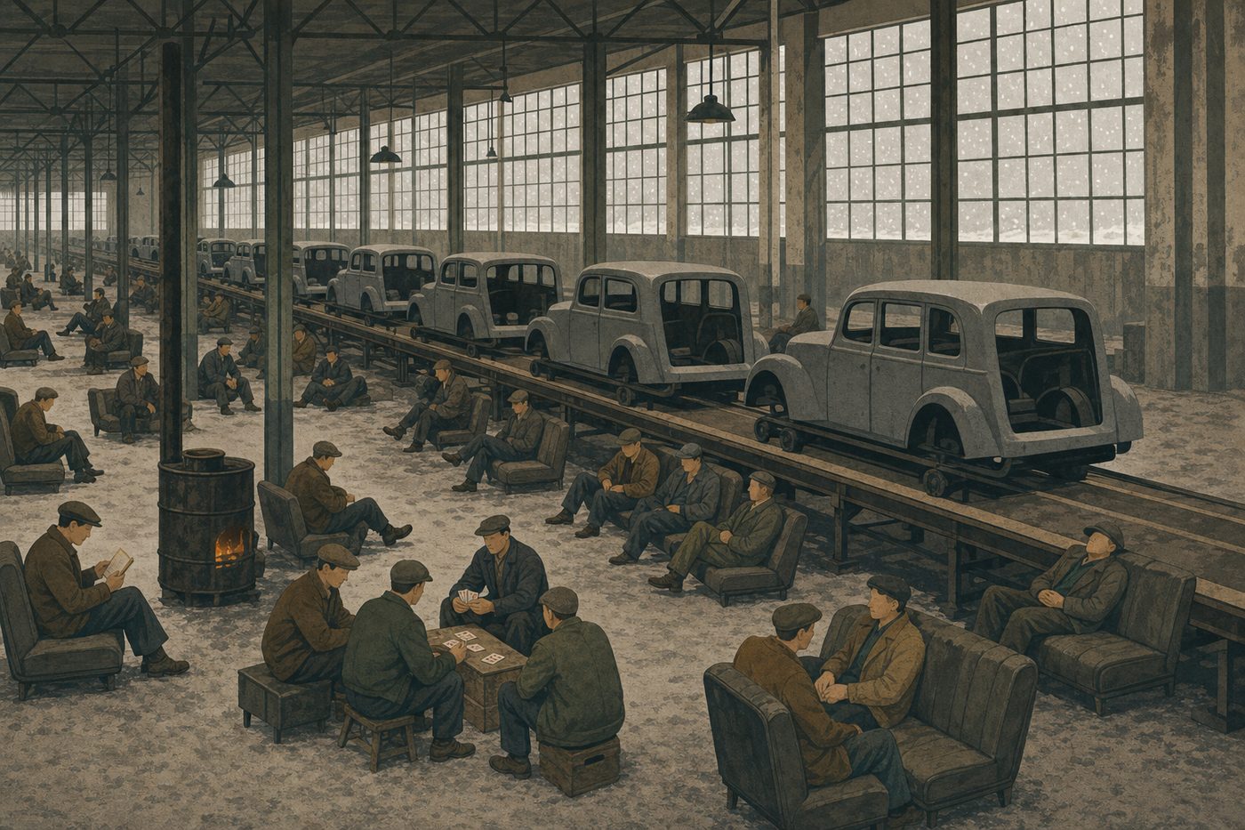 Inside a car plant at Flint, Michigan, in the winter of 1937: a stopped assembly line with half-built sedan bodies on it, a few dozen men in caps sitting and lying on car seats pulled onto the floor, some playing cards, one reading, a stove made from an oil drum, snow light through tall factory windows.
