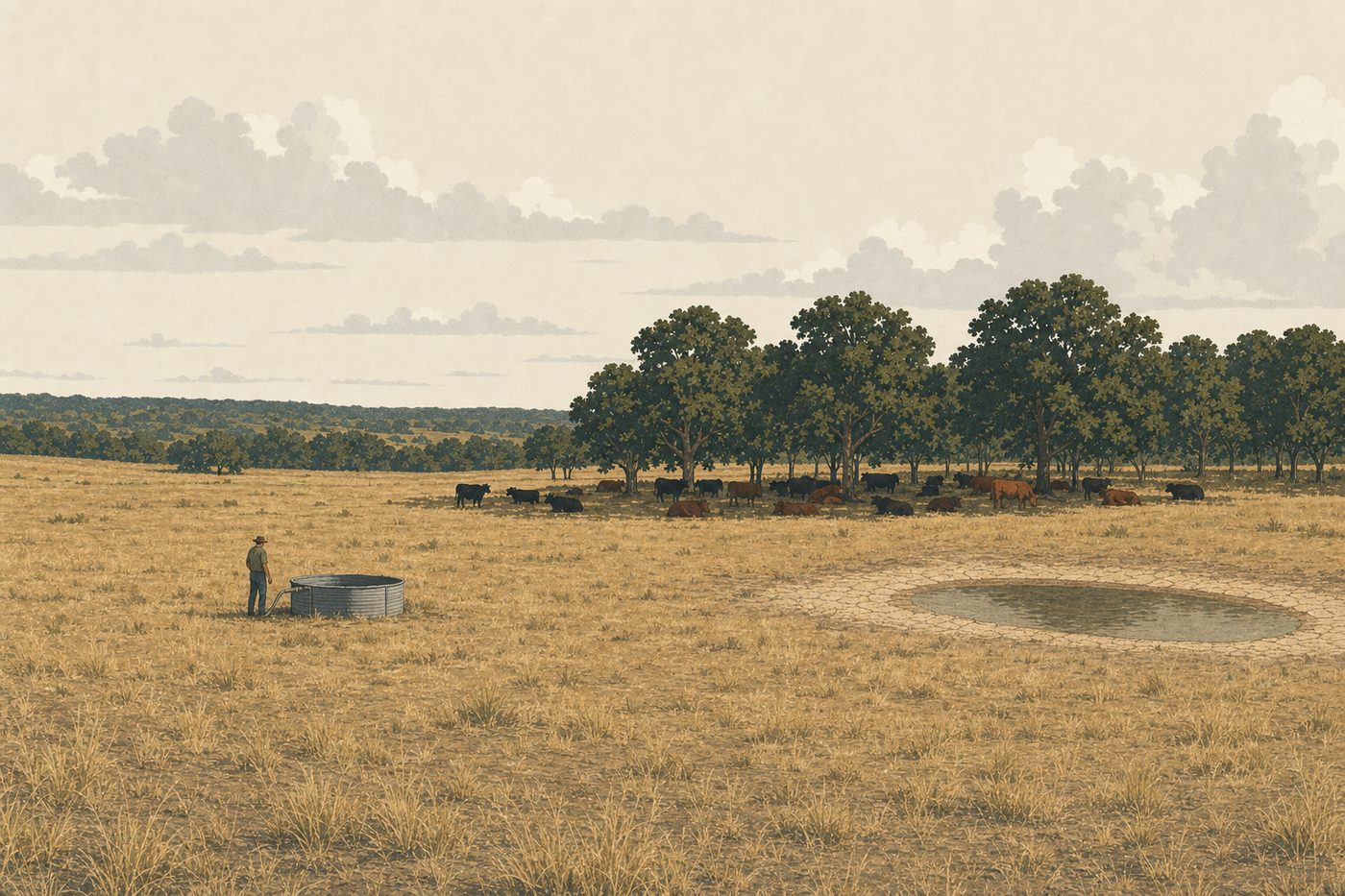 A grazing farm in the American southeast on a dry afternoon in late August: the pasture gone straw-coloured, cattle lying in the shade of a hardwood edge, one person on foot at a round stock tank, a pond shrunk to a small oval with a cracked bank, thunderheads far off.