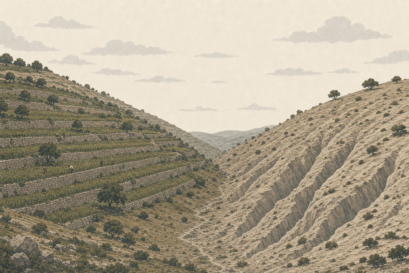 Two slopes facing each other across one valley: the left built into stone-walled planted terraces, the right stripped to bare rock and cut by erosion gullies.