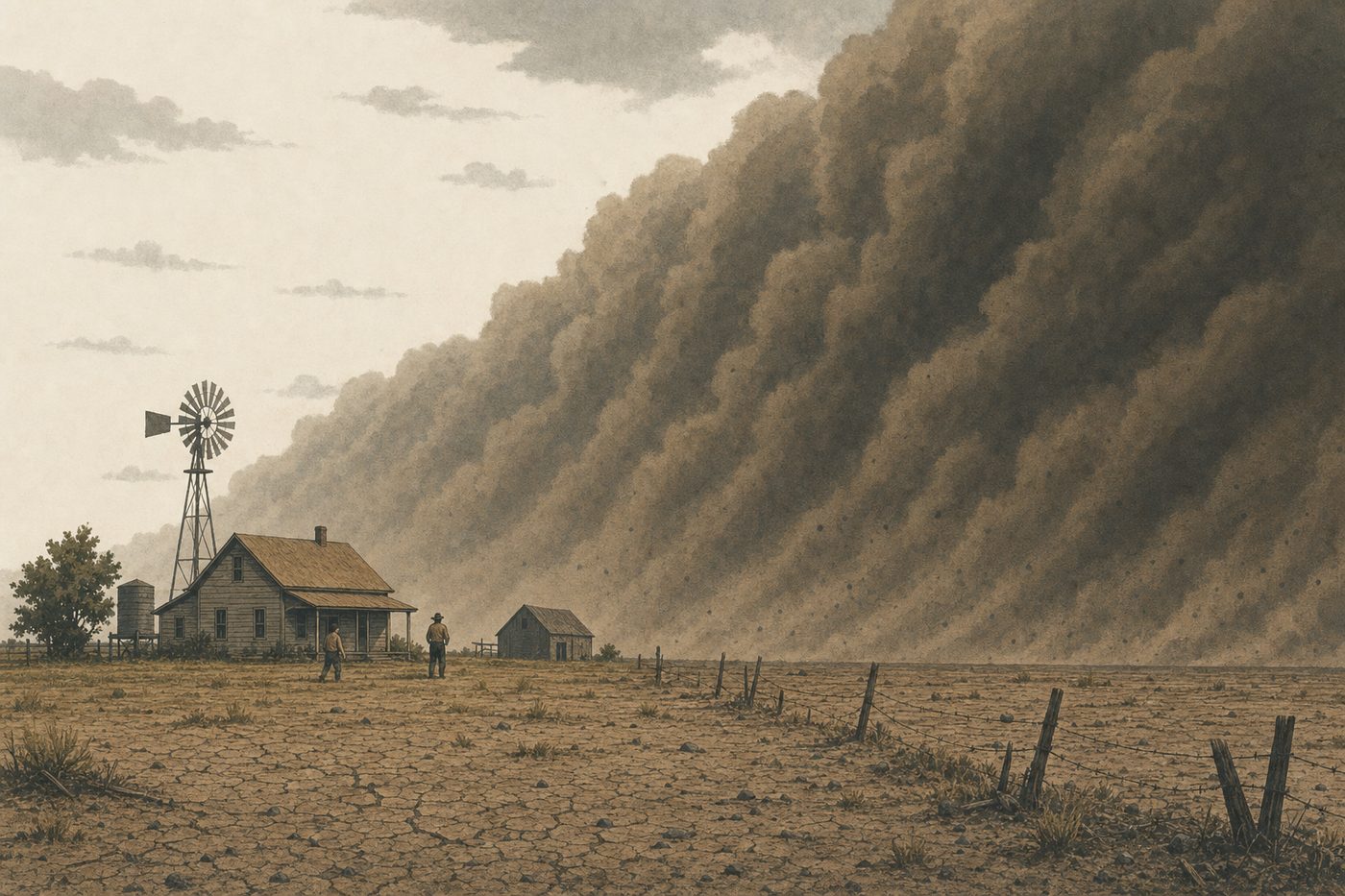 A dust wall filling most of the sky above a small plains farmhouse and windmill, two figures on the cracked ground below it.