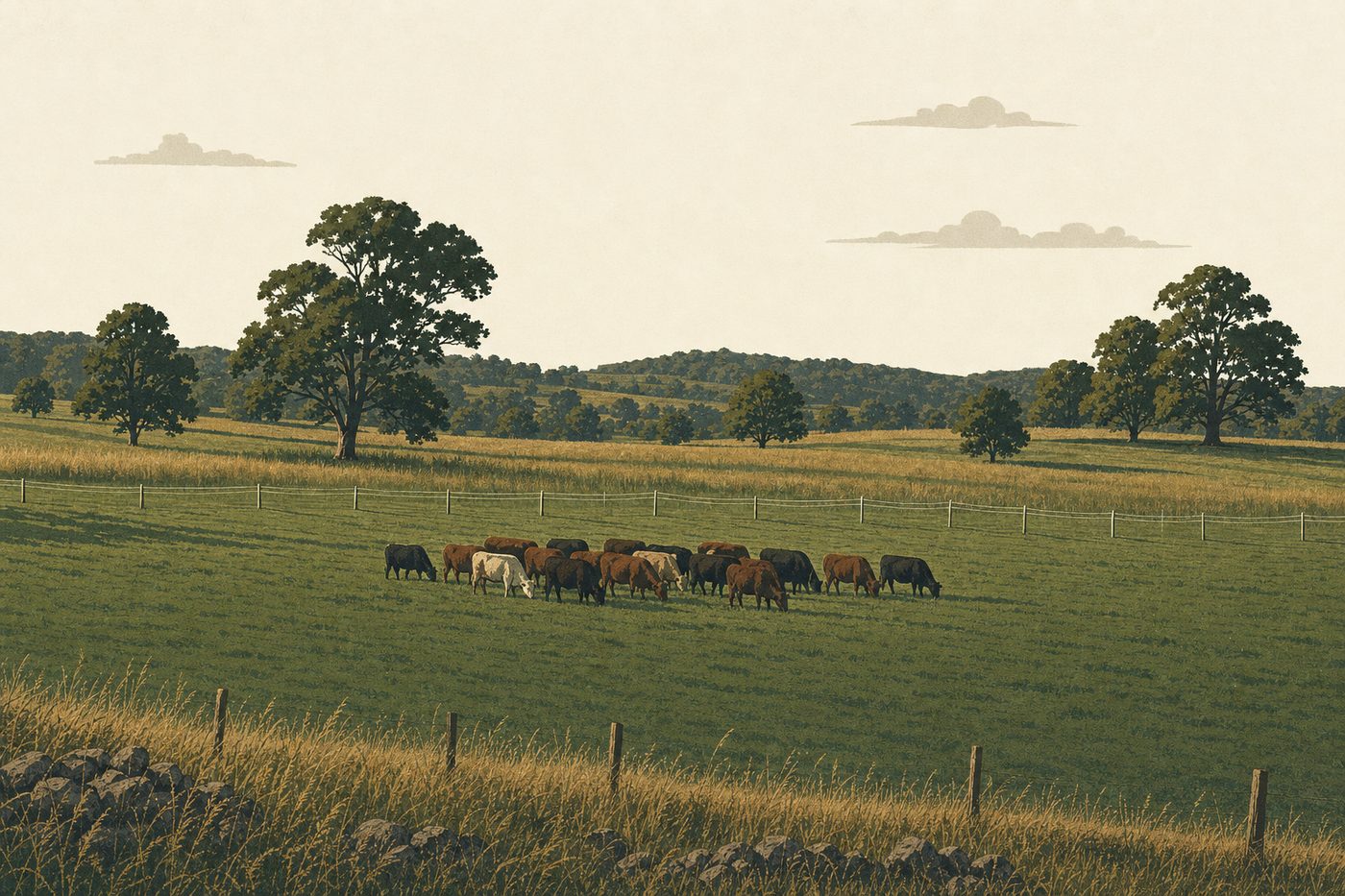 A tight herd of cattle grazing green pasture, with visibly taller ungrazed grass beyond the fence line behind them.