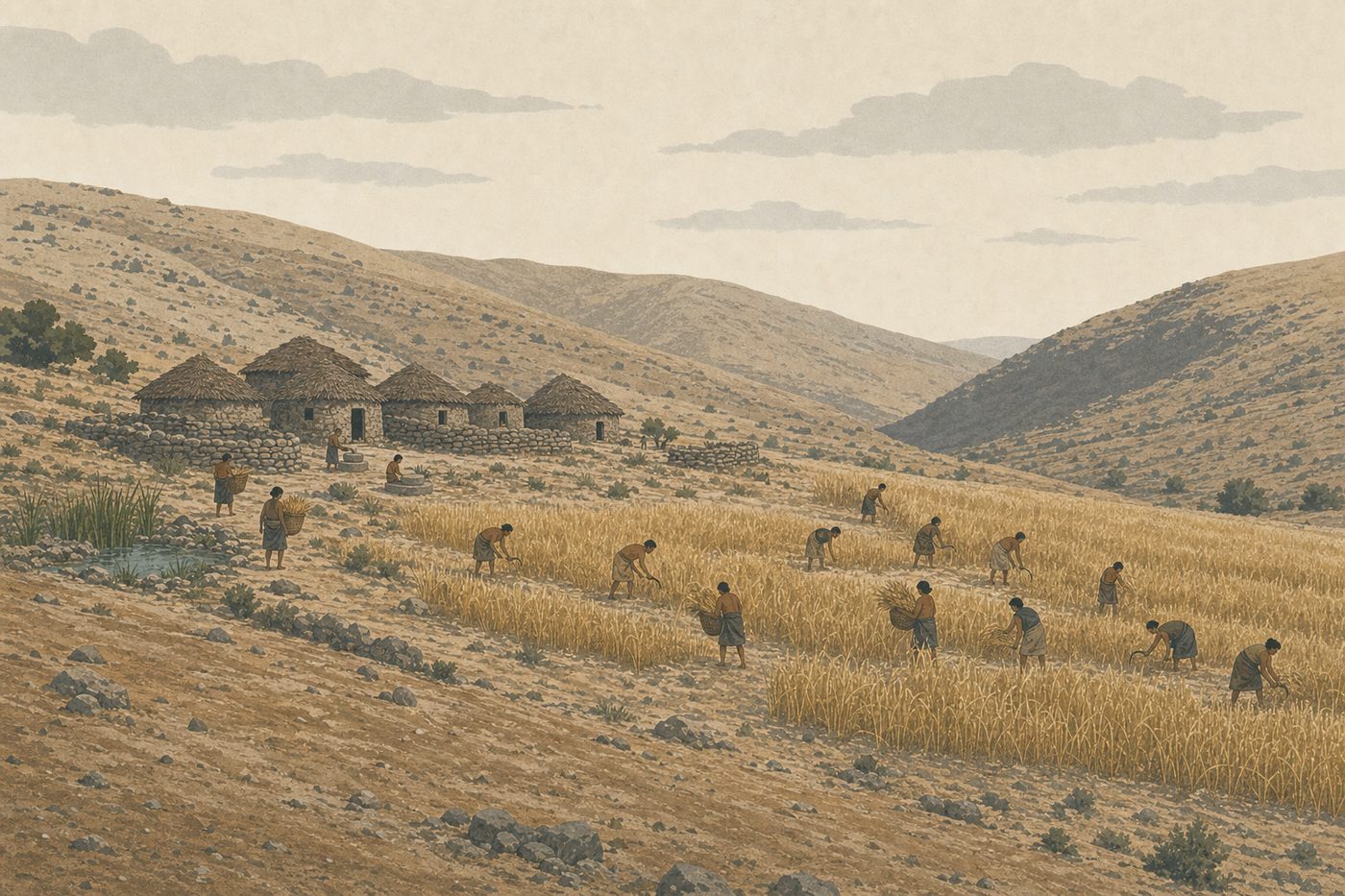 A Natufian settlement in the Jordan valley about 10,000 BC, seen wide from a rise: a handful of round stone-walled huts with reed roofs beside a spring, and across the slope below them a dozen people bending to cut stands of wild wheat with short sickles and carrying the sheaves back in baskets, the hills bare and gold behind.
