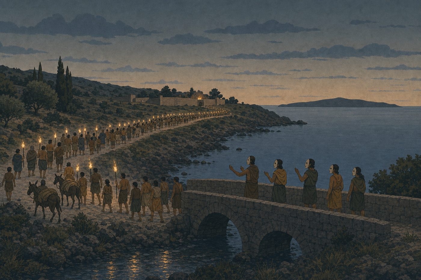 The Sacred Way from Athens to Eleusis at nightfall in early autumn, seen wide: a long procession of people on foot with lit torches winding along a road beside the sea toward low sanctuary walls on a rise, the island of Salamis dark across the bay, a few masked figures on a small bridge in the foreground calling out at the passing crowd.