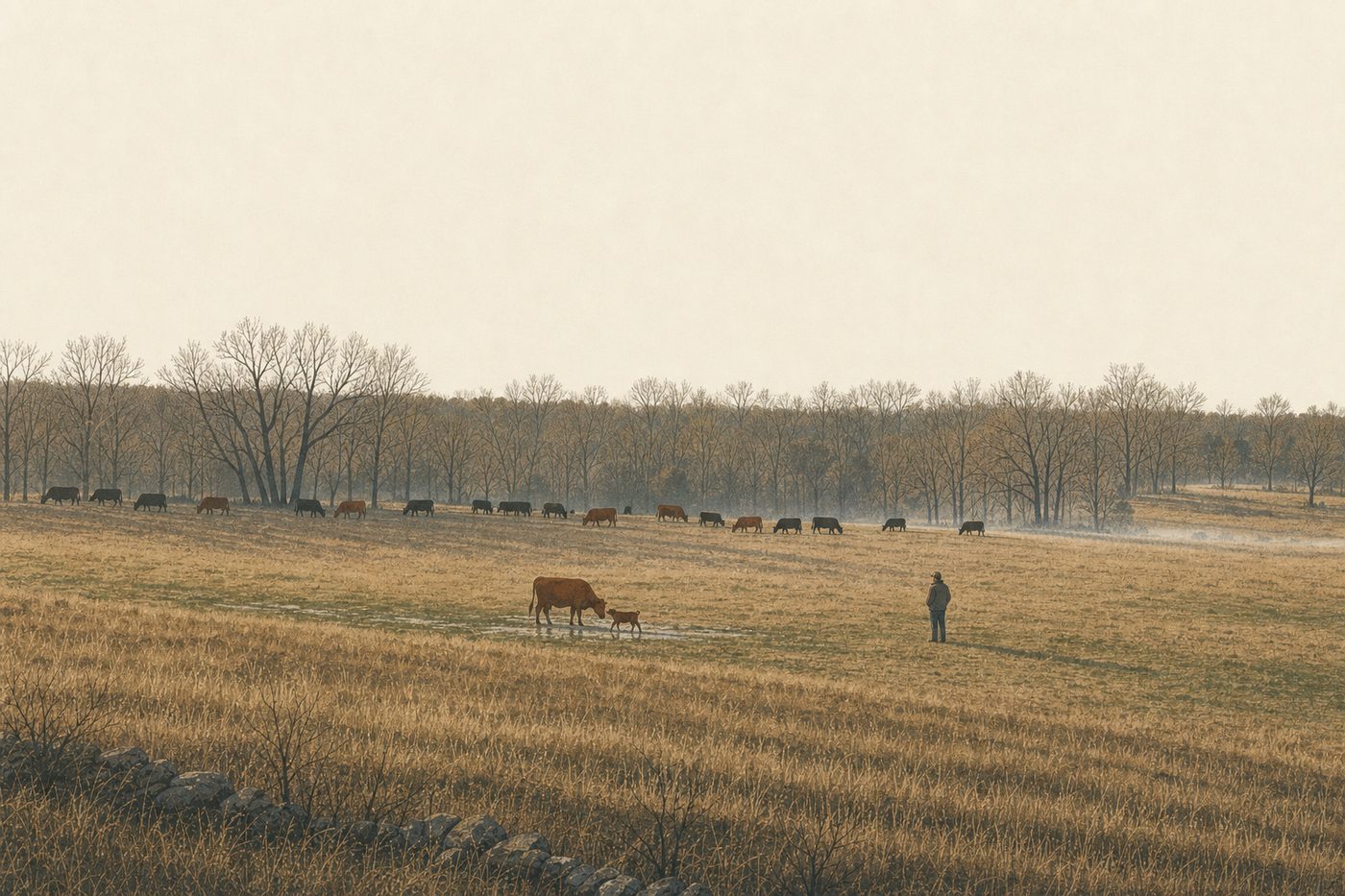 A grazing farm in the American southeast on a cold clear morning in late February, seen wide: a wet newborn calf standing unsteadily beside a red cow in a brown winter pasture with the first green showing in the low ground, the rest of the herd grazing along a bare hardwood edge with ground mist, one person on foot stopped a little way off with hands in pockets, watching and not approaching, low sun and long shadows.