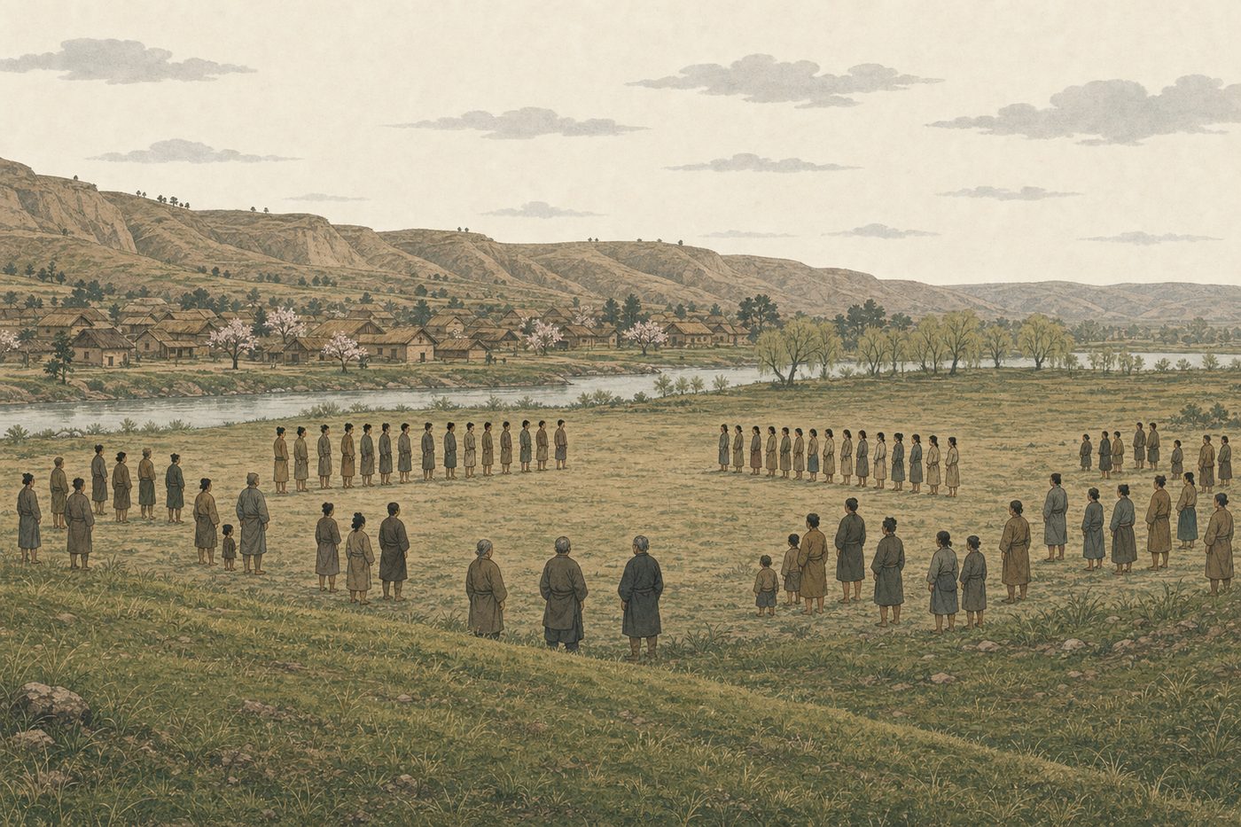 A river valley in northern China in early spring under the Chou, seen wide from a low hill: a flat field between a willow-lined river and a village of thatched houses, two long lines of young people facing each other across the field, one line of young men and one of young women, singing back and forth, older villagers standing along the edges, bare hills behind and the first green in the low ground.