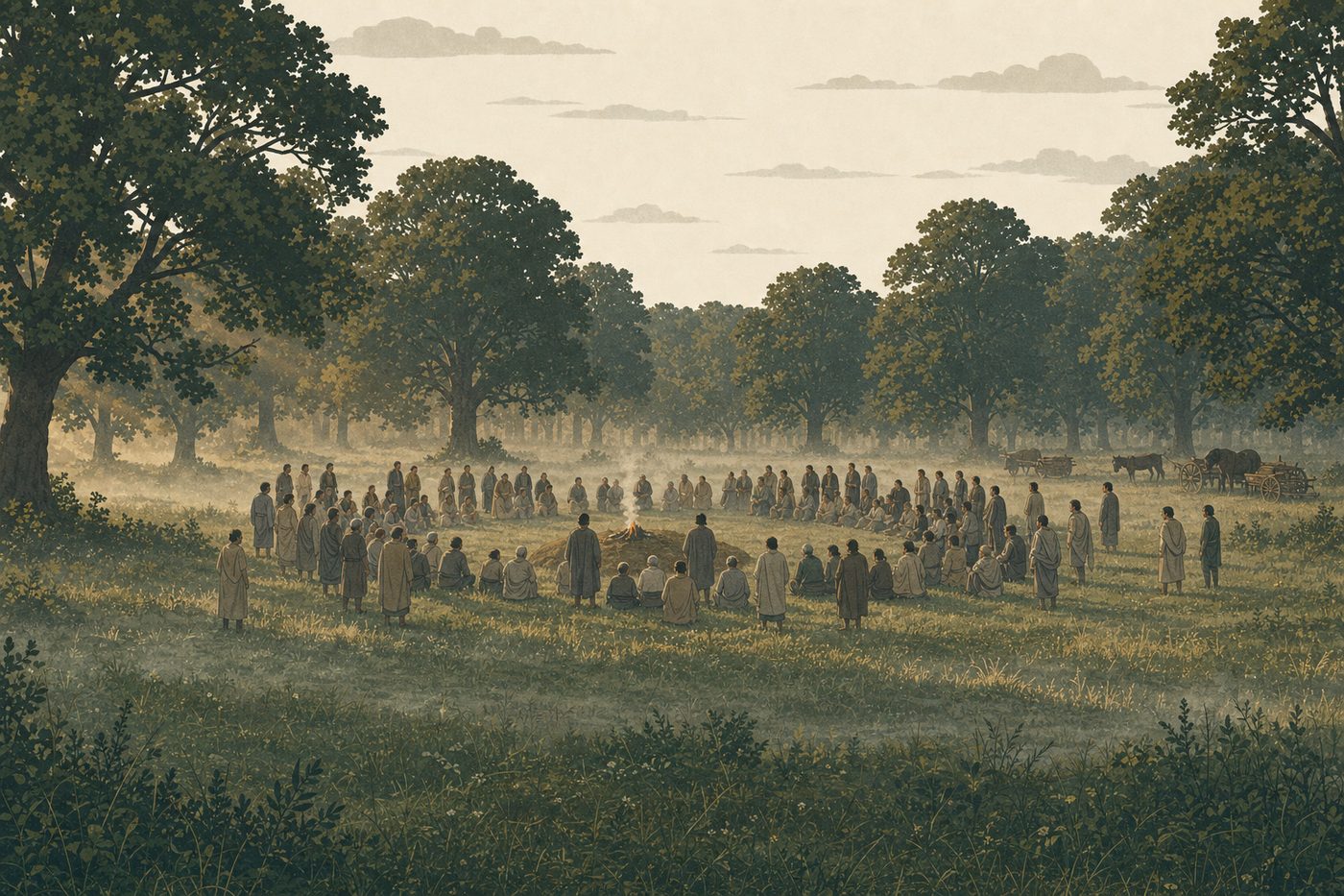 A wide clearing in old oak forest in central Gaul at dawn in early summer, seen from the edge of the trees: ground mist over the grass, sixty or so men in plain grey and undyed wool robes standing and sitting in a wide loose ring around a low turf mound with a small fire on it, carts and tethered ponies at the far edge under the oaks, low light coming through the trunks from one side.