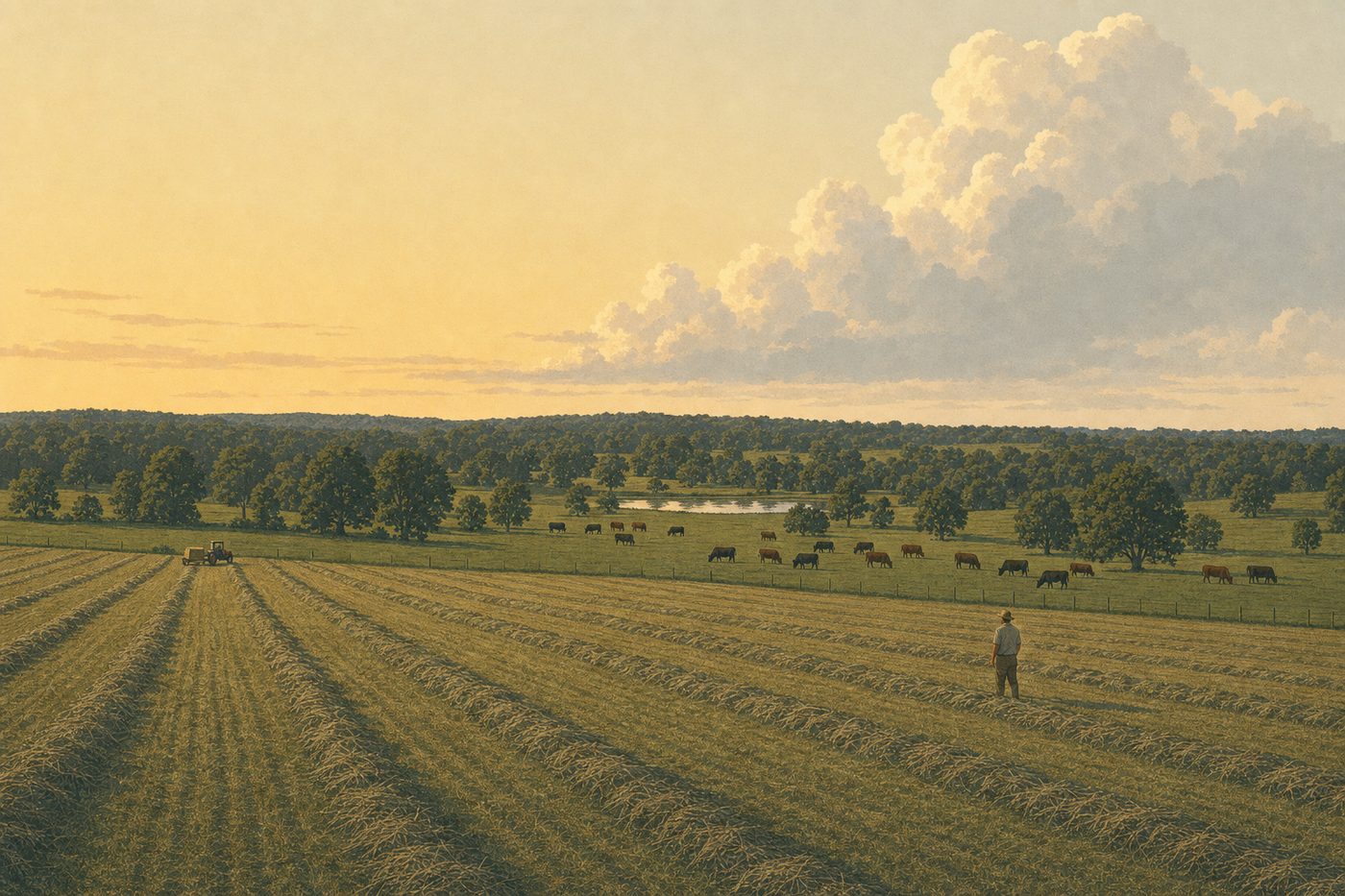 A grazing farm in the American southeast on a June evening after a hot day, seen wide from a low rise: a cut hayfield in the foreground with long windrows curing in lines, a small tractor and baler far off at the field's end, the herd grazing in the next pasture beyond a fence line, a hardwood edge and a pond, thunderheads building high and pale in the east with the low sun on them from the west, one person standing at the field edge looking at the sky.