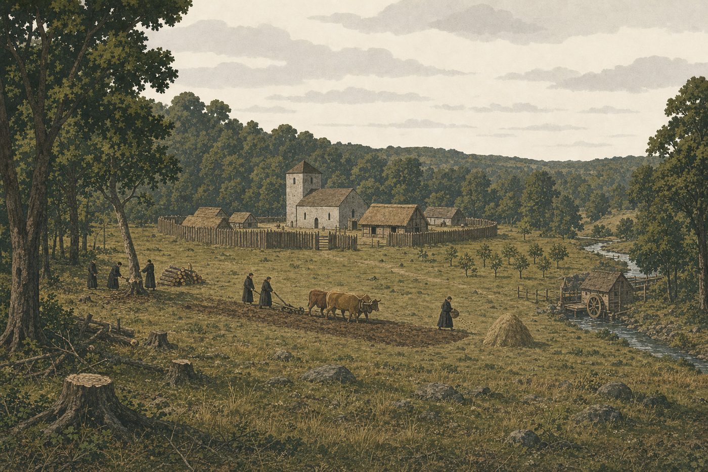 A Benedictine monastery in a forest clearing in northern Europe in the eighth century, seen wide from a rise: a plain stone church and low timber buildings inside a wooden fence, monks in dark habits ploughing a strip of new ground with a pair of oxen, others felling trees and stacking timber at the edge of the clearing, a water mill on a stream, a small orchard, oak forest all round under a grey sky.