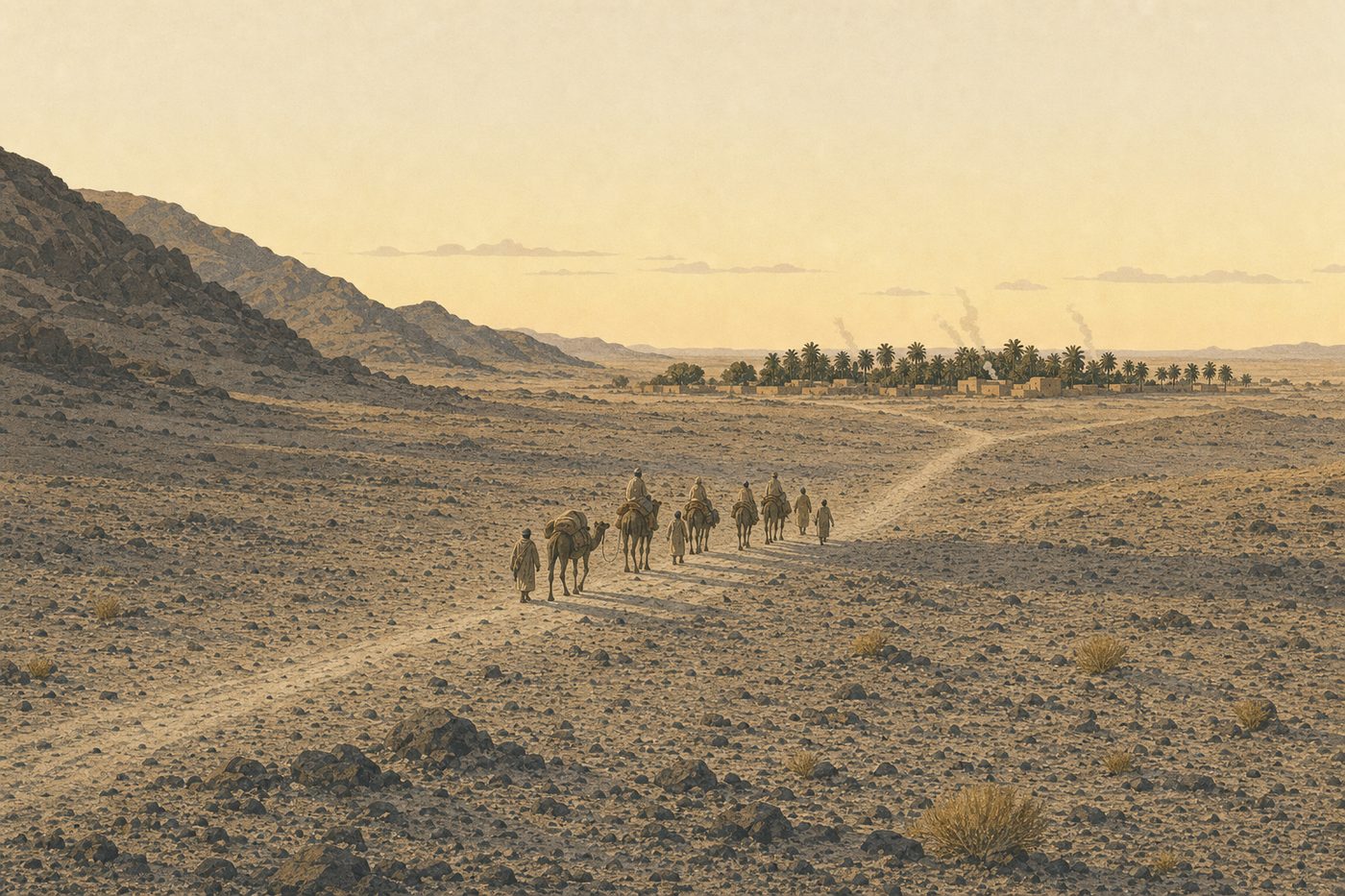 A stony desert in western Arabia at evening in September 622, seen wide from a low ridge: a track running into the middle distance toward an oasis of date palms and flat-roofed mud-brick houses with thin smoke rising, a small party of seven people and three laden camels walking away down the track toward it, bare rocky hills to the left, long shadows, the sky pale and gold.