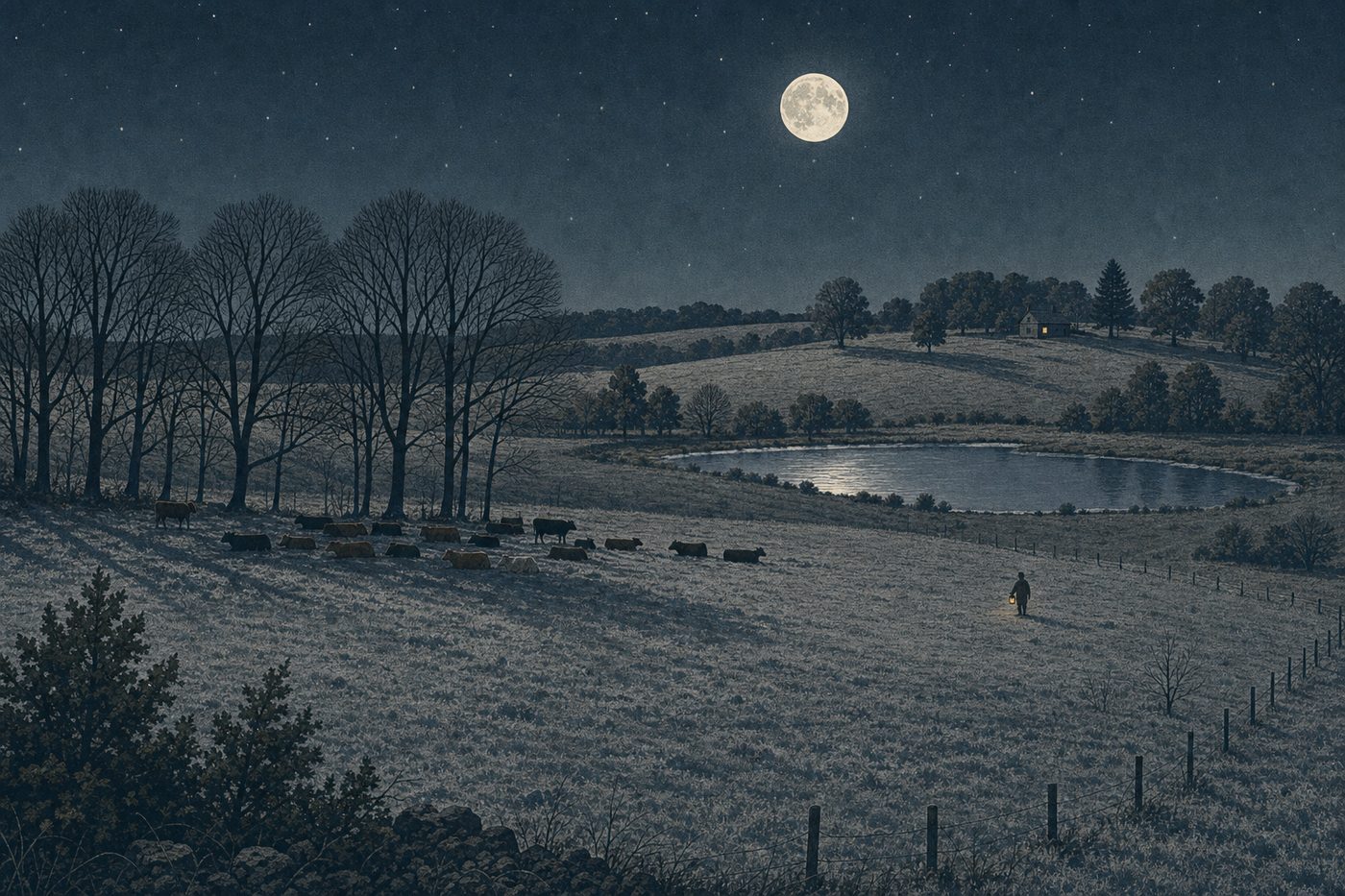 A grazing farm in the American southeast on a cold clear night in December under a full moon, seen wide from a low rise: frost white on the pasture, the herd bedded down in a loose group along a bare hardwood edge, a pond with a skin of ice catching the moon, the black line of a fence running away, one person on foot small in the middle distance walking out from a house with a lantern to look at the cattle, the house's one lit window far off, stars, no cloud.