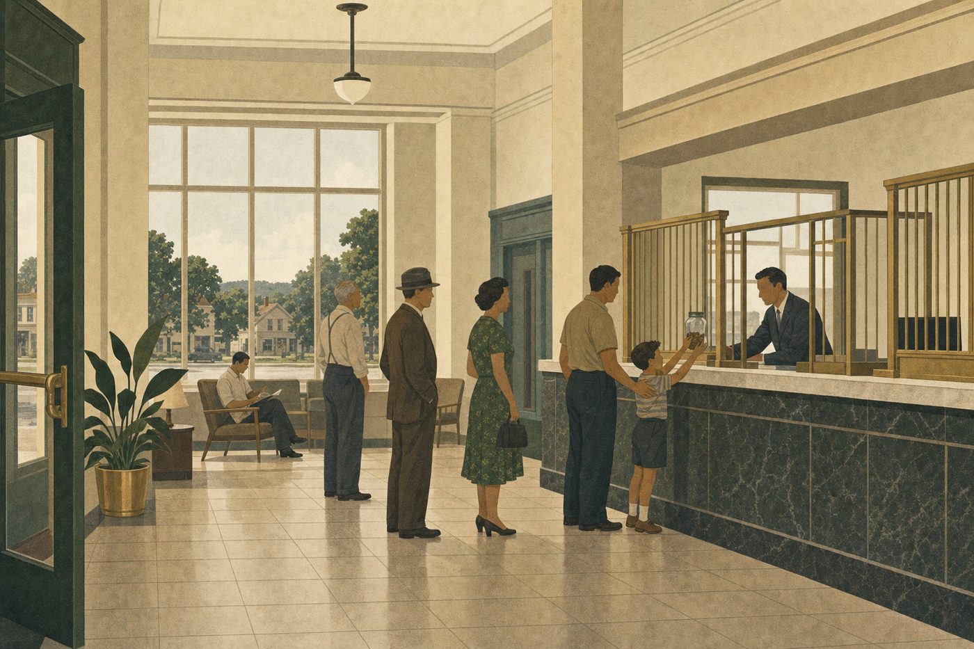 A small-town American bank lobby in the 1950s: a child on tiptoe at a teller's window holding up a jar of coins, a parent behind, a few customers waiting, tall windows and a marble counter.