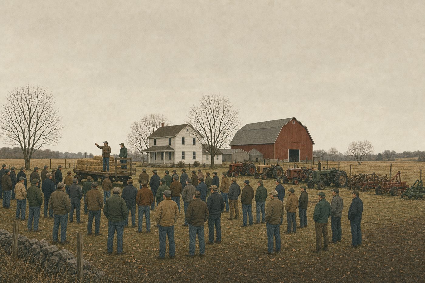 A farm auction in the American Midwest in the early 1980s: a crowd of farmers in caps and work jackets in a farmyard, an auctioneer on a hay wagon, machinery lined up on the grass, a white farmhouse and a barn behind, a grey sky.