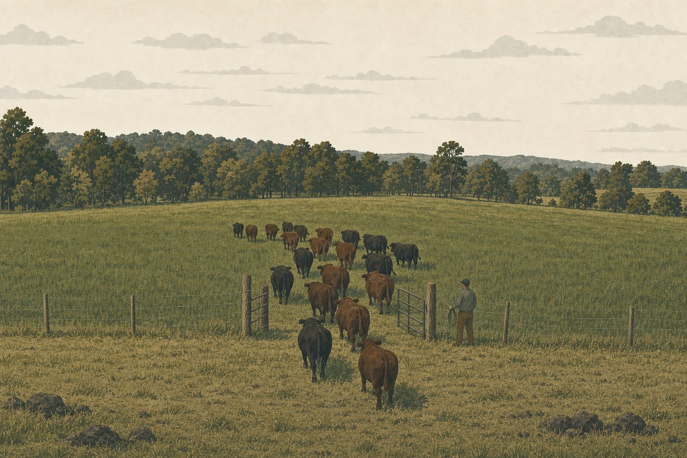 Cattle streaming through an open gate into fresh pasture on a summer afternoon in the American southeast: a loose herd moving away from the viewer into tall grass, one person at the gate with a reel of wire, a strip of woods and a low sky.