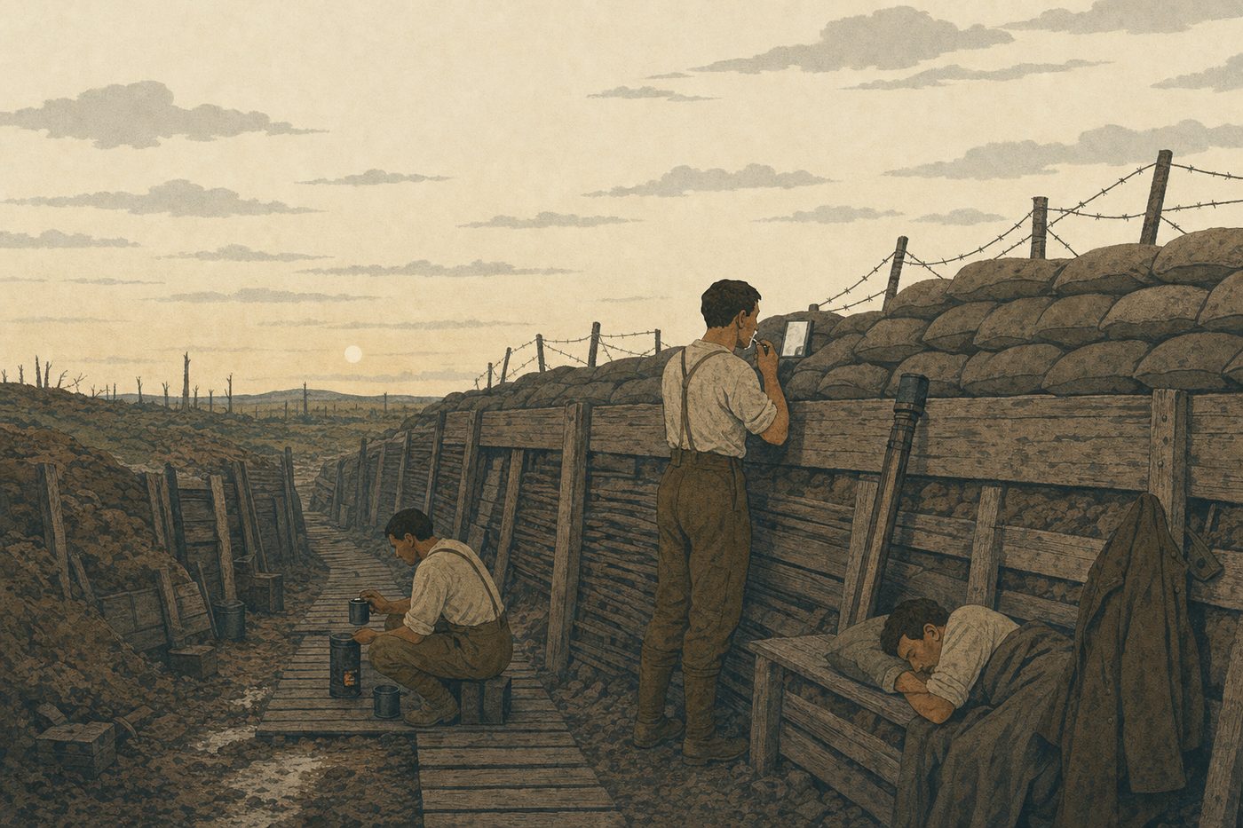 A British trench on the Western Front on an early morning in 1916: a soldier shaving with a small safety razor at a fragment of mirror propped on the sandbags, another brewing tea on a tin stove, duckboards underfoot, a periscope against the parapet, a pale sky above the wire.