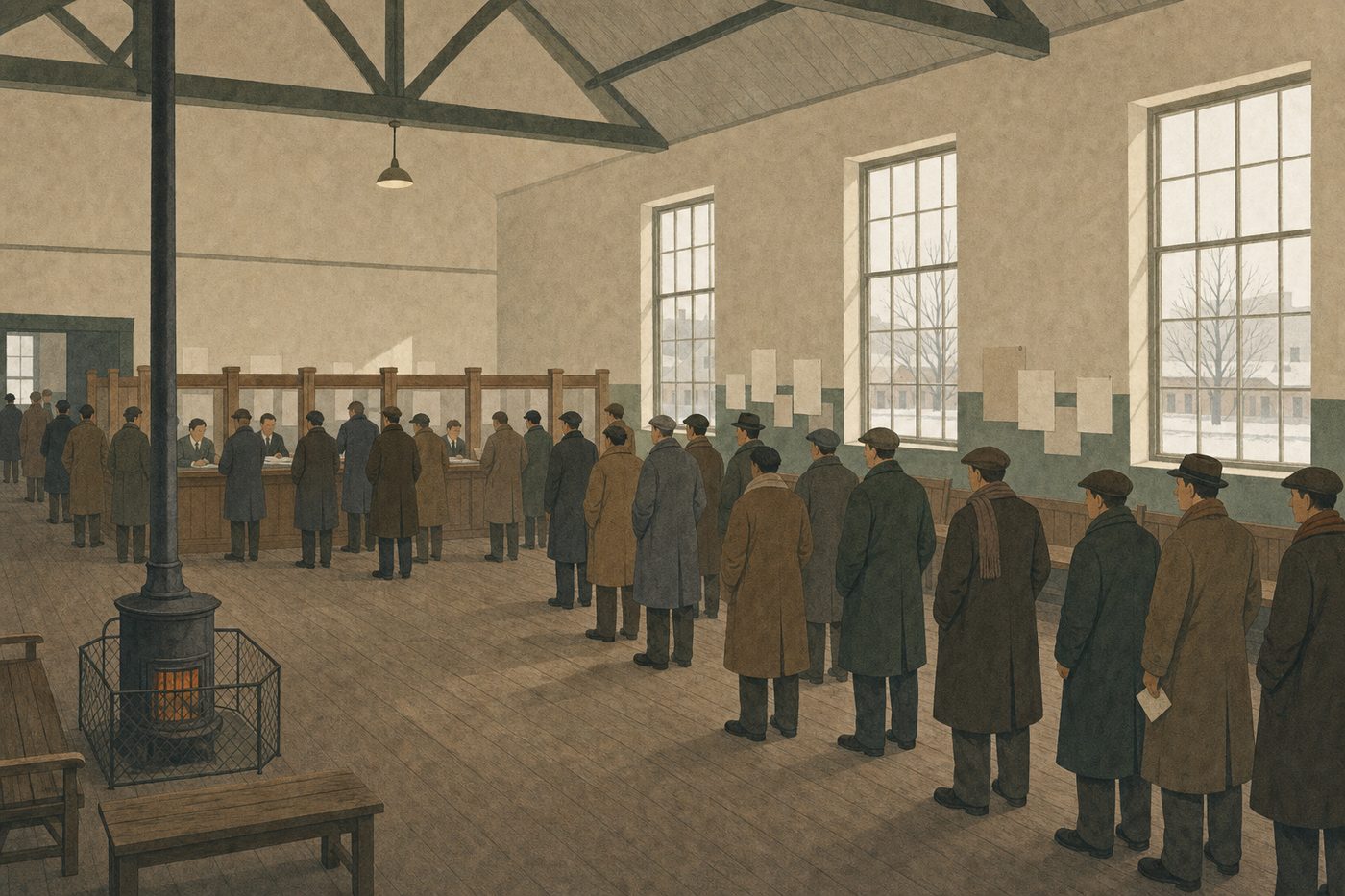 A British employment exchange in the winter of 1947, seen from the back of a long plain hall: men in overcoats and caps queuing at a row of counters, clerks behind them, a coal stove, grey light from high windows, blank notices pinned to the wall.