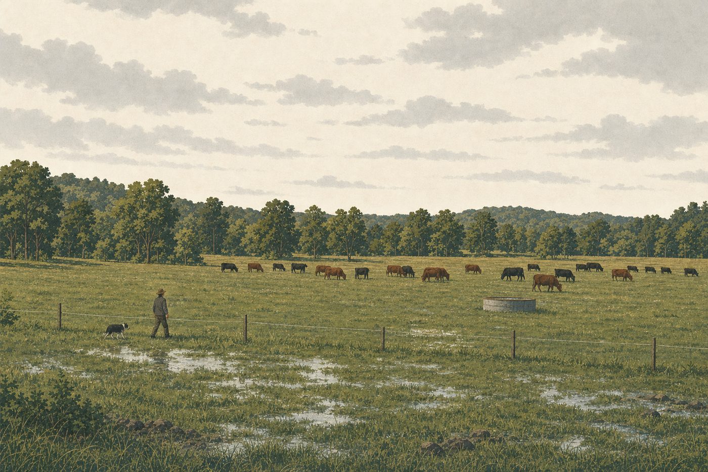 A grazing farm in the American southeast on a spring morning after rain: a person walking a paddock line on foot with a dog, cattle grazing in the next paddock beyond a single strand of fence, a water trough, hardwoods in new leaf at the far edge, low grey cloud breaking.