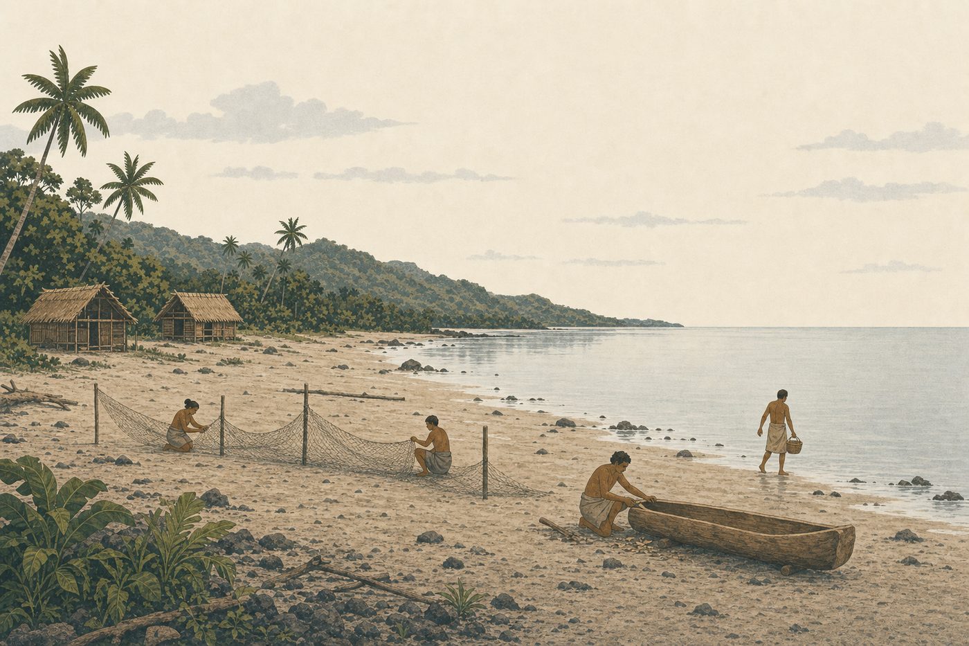 A shore at first light: two people knotting a fishing net between stakes, one hollowing a log into a canoe, one walking up from the water with a small basket.