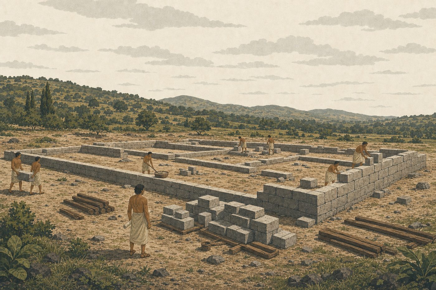 A stone building site seen from above: wide foundations laid out, the ground floor half raised, a small stack of stone and timber beside it, one figure holding a plan and looking at the stack.