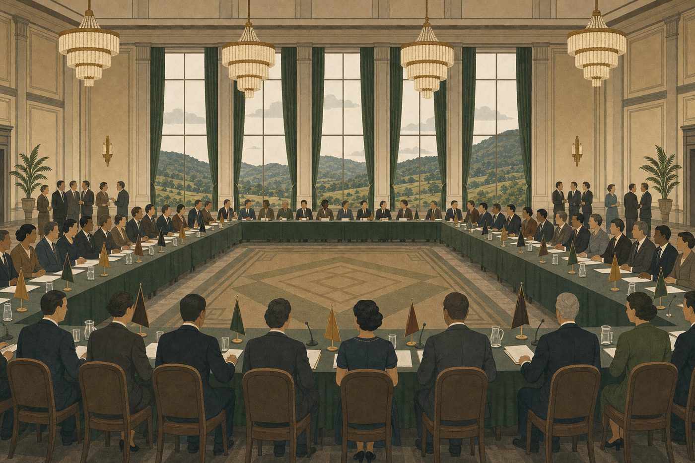 A 1940s hotel ballroom set for a conference: delegates in dark suits at a horseshoe of long tables under tall windows, mountains outside.