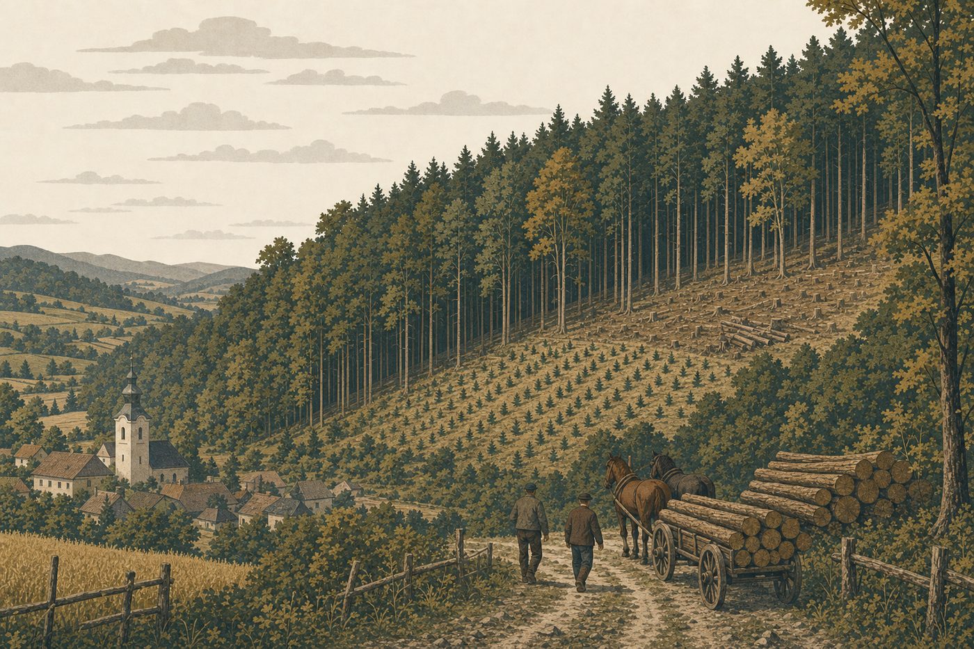 A worked hillside forest above a small village: tall even stands of timber, one clearing felled and replanted in rows, a horse-drawn timber cart on the track.