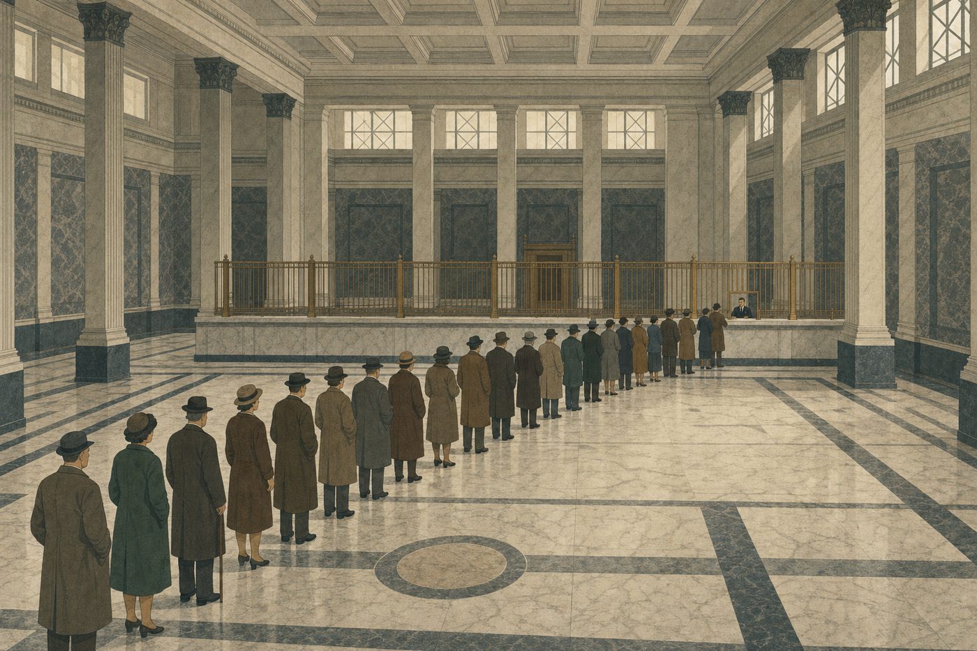 A grand 1920s banking hall with every counter window but one shuttered, and a single long queue of people in coats and hats crossing the marble floor to the one open grille.
