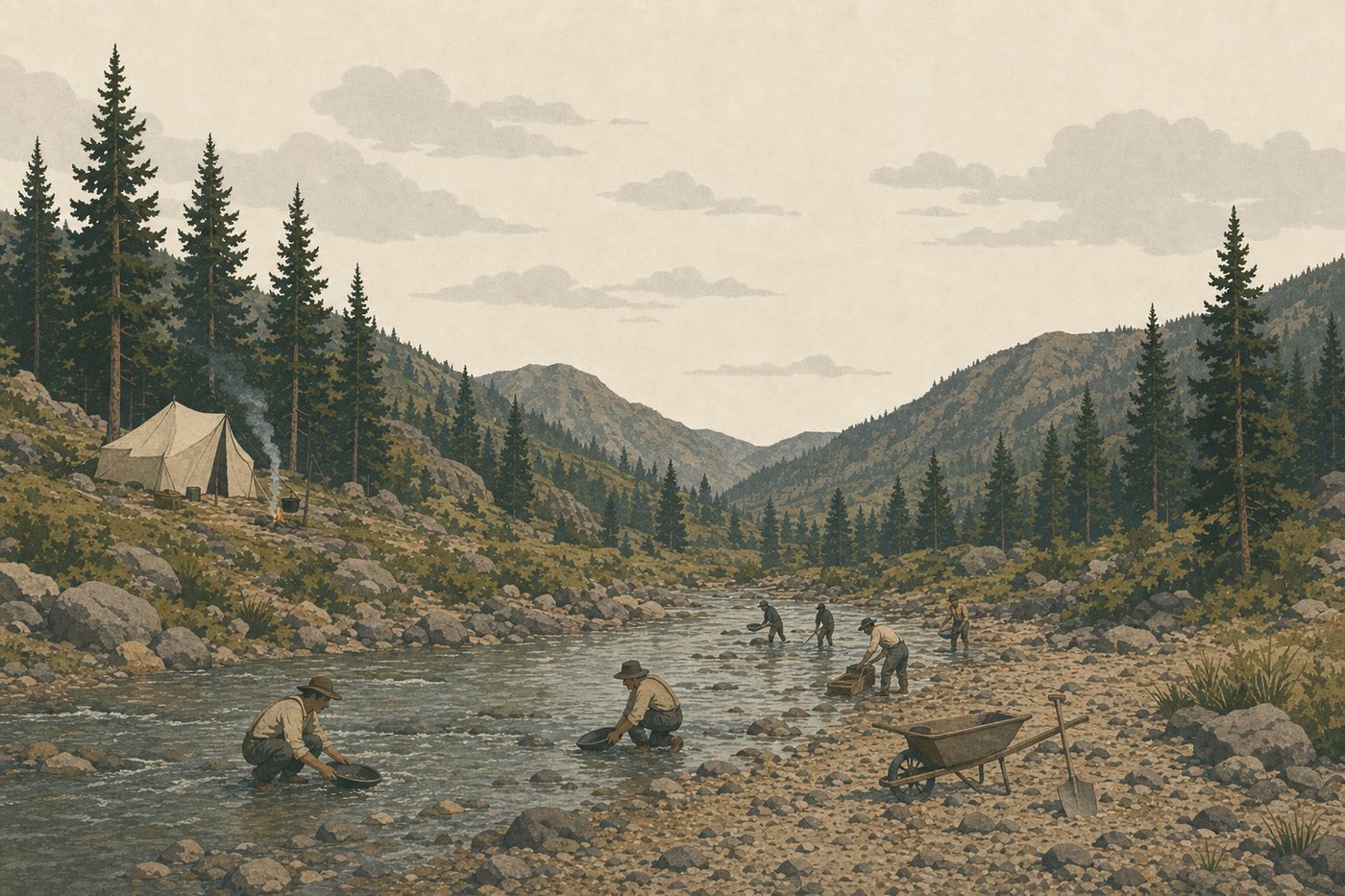 A mountain creek in the 1850s West: half a dozen miners crouched in the shallows with pans and a rocker box, a tent and cookfire back among the pines.