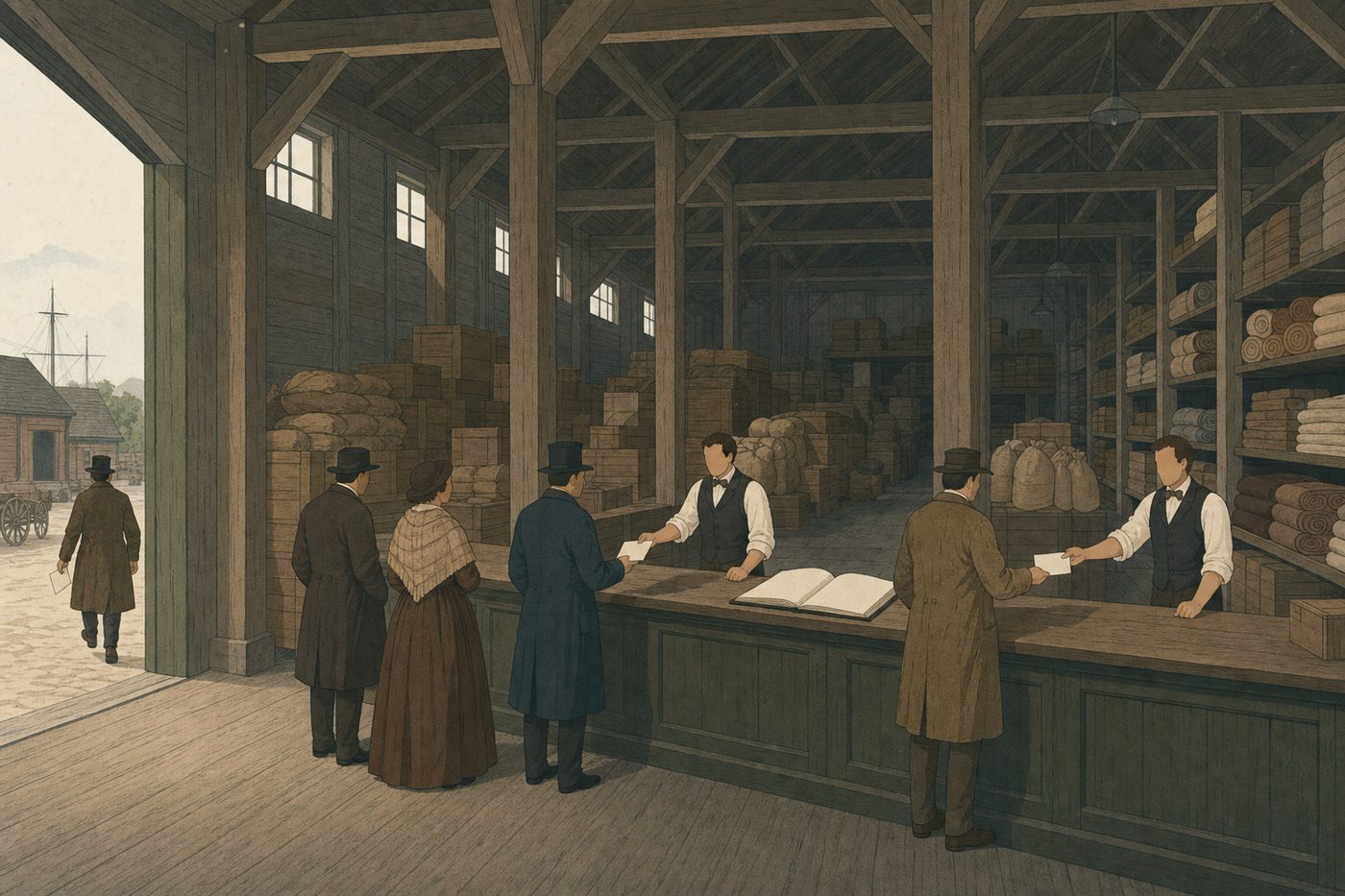 A nineteenth-century goods warehouse seen from the door: clerks at a long counter handing blank slips to a short queue, a blank ledger open, shelves of crates and sacks behind.