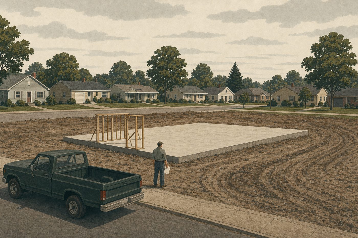 A poured concrete slab on a bare lot with a few timber studs started on one corner, a man with a sheet of paper looking across it, a pickup at the kerb and finished houses behind.