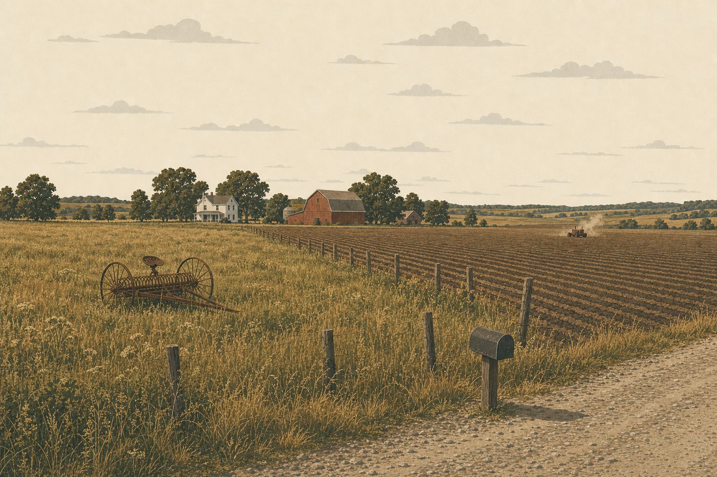 Two Midwestern fields split by a fence: the near one idle in weeds with a rusted rake left in it, the far one in tight worked rows with a tractor in the distance, a white farmhouse and red barn beyond.