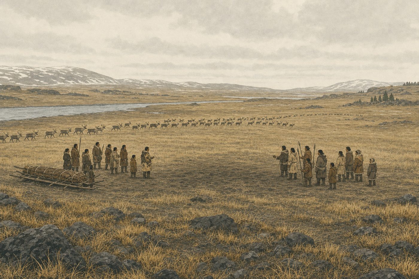 Two small bands in fur and hide face each other across trampled grass on an autumn steppe, one with bundles of meat, while a long line of reindeer crosses toward a river behind them.