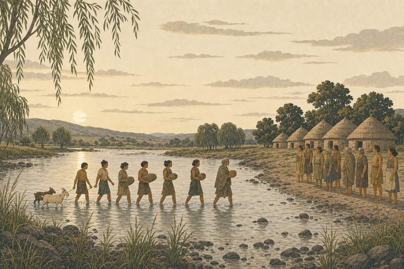 A procession wades a shallow ford at evening carrying wrapped bundles and leading goats, toward a waiting group before round thatched huts.