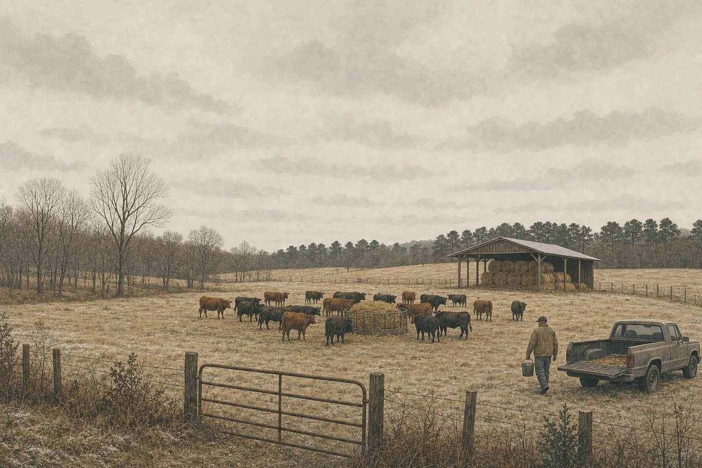 A small cattle farm on a grey January morning: cattle around a hay ring on dormant pasture, round bales under a pole barn, a pickup at the fence, one person walking out with a bucket.